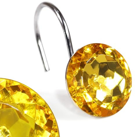 Yellow Crystal Shower Curtain Hooks: Gold Amber Bling Glitter Sparkle Round Diamond Shower Curtain Rings & Hangers for Autumn Fall Thanksgiving Holiday Decoration Bathroom Accessories - Set of 12
