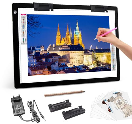 Diamond Painting Leuchttisch A2, Tragbares Light Pad mit 12v2a Adapter 2 Multi-Funktions-Clips, Ultra-Dünne stufenlose Helligkeit Zeichnung Leuchtplatte für Zubehör Abpausen Black