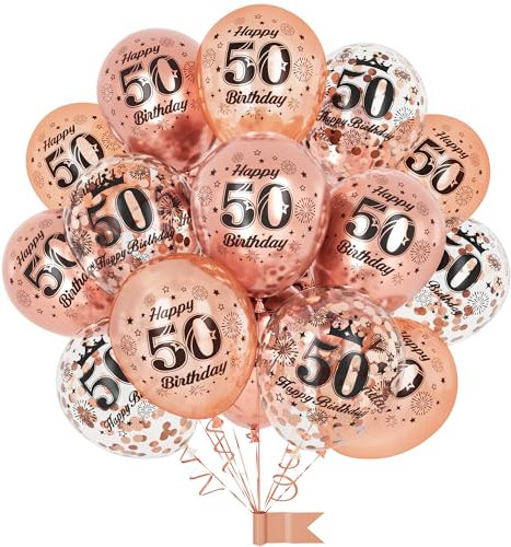 50th Birthday Balloons,15 Pcs Rose Gold Party Decorations with Happy Birthday Latex Confetti Balloons for Women 50th Birthday Décor Anniversary Age Balloons
