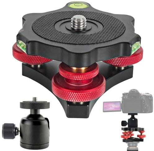 Tripod leveling base, suitable for DSLR cameras,made of aluminum alloy for strength, three bubble levels for enhanced accuracy, ±7° tilt adjustment, LP-64 mount, portable design for enhanced mobility.
