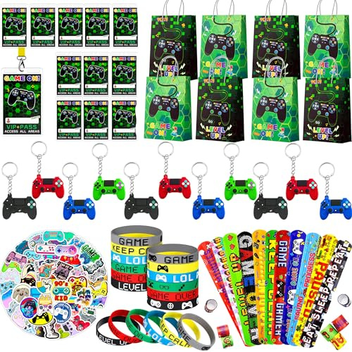 Jeu Vidéo Fournitures de Fête Favors Kit,110pcs Set de Faveur de Fête Jeu Anniversaire Vidéo - Jeu Bracelet Silicone Porte-Clés etc Jeu Vidéo Party Jouet pour Décorations d'Anniversaire de Joueur