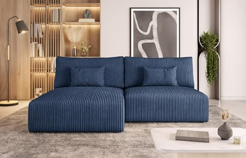 Easy4You Marineblau Ecksofa Modulo Kord in L-Form 210x69x152 cm mit Schlaffunktion und Bettzeugbehälter - Schlafsofa mit Bettkasten - Eckcouch mit Stauraum - Stoff: POSO 05