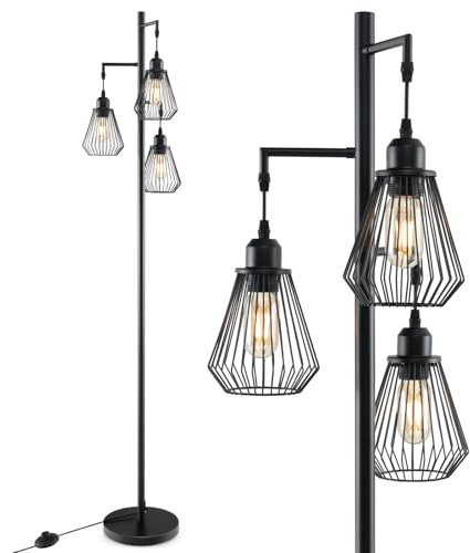 RELAX4LIFE Lampadaire sur Pied Salon Industriel, Lampe Salon sur Pied avec avec 3 Abat-jour, Interrupteur à Pied, Base en Ciment, Douille E27, Lampadaire Salon Vintage pour Chambre Bureau (Diamant)