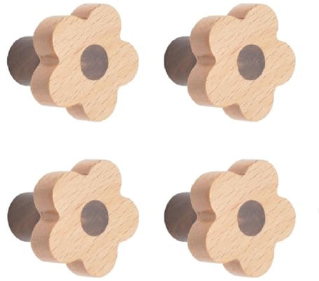 MOROBOR 4pcs Flower Shaped Wooden Cabinet Knobs, Single Hole Beech Wood Handles Wood Nursery Dresser Knobs for Chest of Drawers with Screws & Expansion Tube