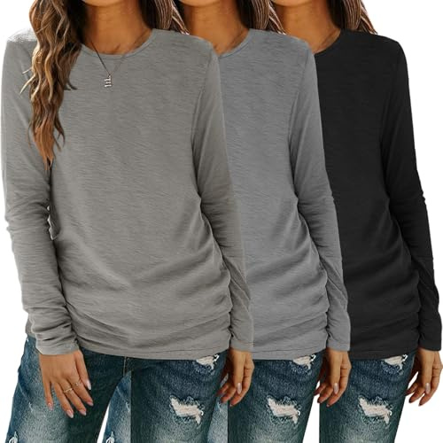 YGOODM Langarmshirt Damen, Basic Longshirt Rundhals Casual Oberteile Tshirt | Tshirt damen, atmungsaktiv, Atmungsaktive, tops für damen, maschinenwaschbar für Arbeit, Reisen und Alltag, Mehrpack