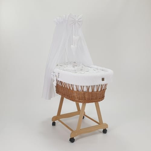 WIKLINOPOL IRENEUSZ ZYGMUNT WICKER WOOD BABY 2000 EU Stubenwagen Lena, braun mit Gestell, Matratze Baldachin und Bettwäsche aus Waffelstoff | Leisen Rädern, Gänse