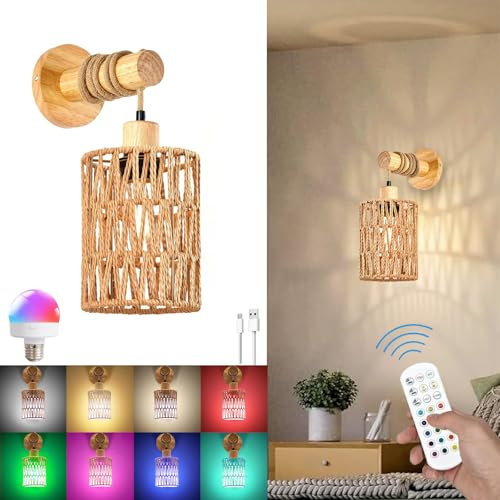Applique da Parete Interno E27 Lanterna di Bambù Retrò Dimmerabile RGB Lampada da Muro con Telecomando Vintage Boho USB Lampada da Parete a Batteria Senza Fili per Camera da Letto Scale Corridoio