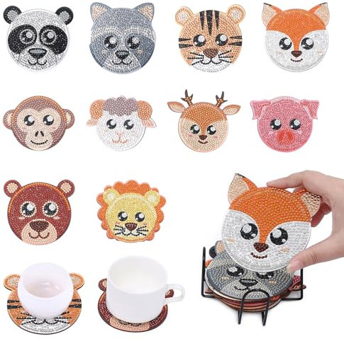 Posavasos de Pintura de Diamantes,Minging 10Pcs Posavasos Madera con Soporte Portavasos 5D Diamantes Kit Diamond Painting Adultos Posavasos de Taza de Diamantes para Bebidas Café y Té de Bar