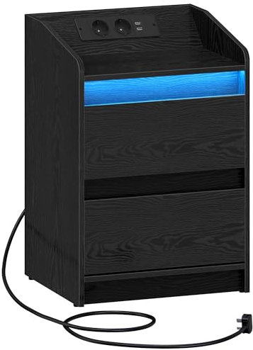 Hzuaneri Bedside Table with LED Lights, Bedside Cabinet with Charging Station and 2 Drawers, Nightstand with USB Ports & Power Outlet, Nightstand for Living Room and Bedroom, Black NS30004XUK