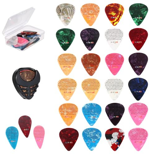 Ptwola 24 Stück Plektren Plectrum 0.46/0.71/0.96mm 3 Verschiedene Dicke Mehrfarben Gitarren Plektren Celluloid Guitar Picks mit Organizerbox für Akustikgitarre E-Gitarre Bass Ukulele