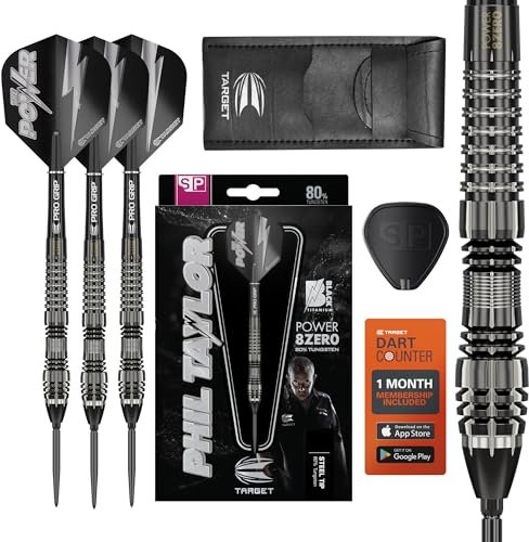 Target Darts Phil Taylor Power 8-Zero 4 Schwarzer Steel Tip Swiss Point Dart, Dartset mit 80% Wolfram, P8Z4, 23G | Spieler-Edition Darts mit Swiss Points, SP-Tool, inklusive schwarzem Dart-Etui