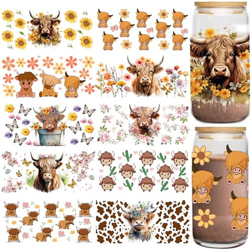 CozDazz UV DTF Cup Wraps for 16 oz Glass, 10 Pcs Highland Cow Waterproof Rub on Transfer Stickers for Cups, Creative Design for Gifts, Office Use, Easy to Apply DIY Craft