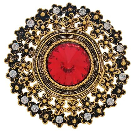 Vintage Brosche mit Rotem Kristall, Antik-Gold Finish, Blumenmuster Verzierung, 8 Kristallsteine