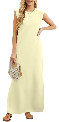 GRECERELLE Robe maxi d'été pour femmes, robes chemises décontractées, styles élégants, robes maxi basiques sans manches pour femmes UK avec fente et poches, abricot, XL
