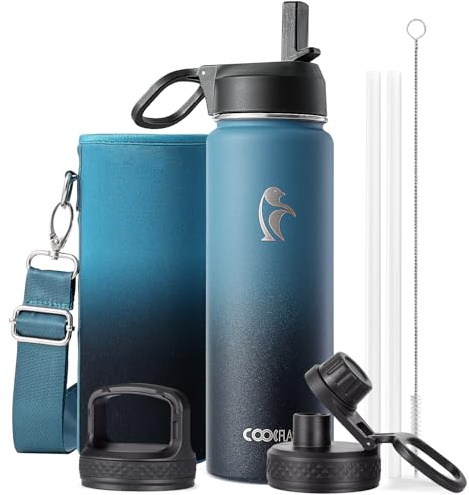 Coolflask Botella de Agua 591 ml Aislada con Pajita, Acero Inoxidable 3 Tapas Botella de Agua de Boca Ancha para Deportes u Oficina, Sin BPA, Mantiene el Frío hasta 48 Horas o Caliente hasta 24 Horas
