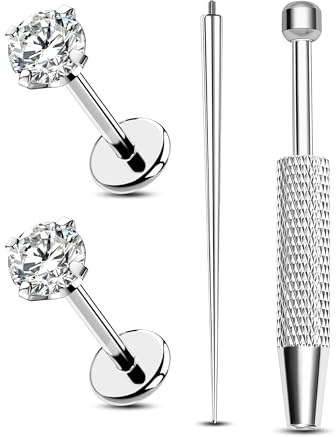 Jewseen Titanium Helix Earrings 2PCS Flat Back Studs CZ Medusa Piercing Jewellery Cartilage Tragus Earring Internally Thread Labret Stud