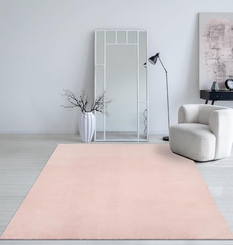 Mia´s Teppiche Taos – kuscheliger Kurzflor Teppich in Felloptik, super Soft & waschbar bis 30°C, mit Anti-Rutsch-Unterseite, Wohnzimmer & Schlafzimmer, Made in Türkiye, Rosa, 80 x 300 cm