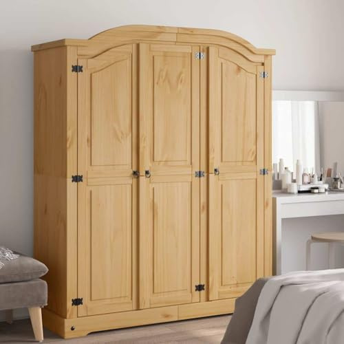 Mexico Style Pine Wood Wardrobe, 3 Doors, Rustic Corona Style, 150.5 x 52 x 170 cm, Solid Wood Wardrobe for Bedroom, Living Room, with Lots of Storage Space