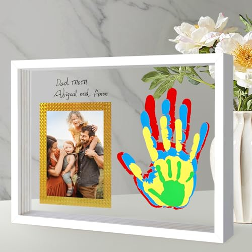 Family Handprint Keepsake Frame Kit with Photo Display – DIY 3D Floating Layered Design for Mom, Dad and Baby – Safe Non-Toxic Paint Set for Footprints – Perfect Baby Shower Gifts, New Parents Couples Keepsake, Home Decor 13.1x9.6 Inch (White)