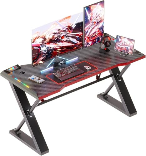 Xyphren Mesa Gamer con LED, Mesa Gamer con Estructura en Z Reforzada, Revestimiento de Fibra de Carbono, Mesa para PC Gamer Fácil de Montar,120cm, Negro