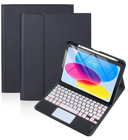 RTQAZWSXE YSJX Leather Case Magnetic Pen Slot, Seven-Color Backlit Touch Keyboard Compatible with iPad 10th/11th Gen (10.9/11 inch 2022-2025) A16(Black+Keyboard 2)