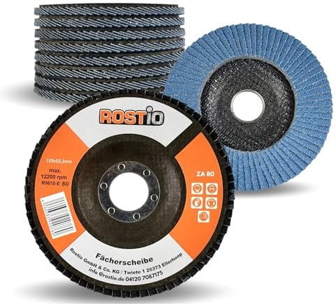 10 x Rostio Fächerscheibe 125 mm Edelstahl Inox Fächer-Schleifscheibe Zirkonkorund Blau Flex/Winkelschleifer (Korn 80)