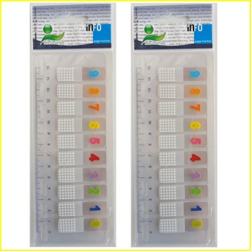 2 x Info-Seite Marker mit Lineal Index klein Sticky Notes mit Farbe Zahlen – 10 x 10 insgesamt 100 Marker je Pack – Dimension 12 x 45 mm