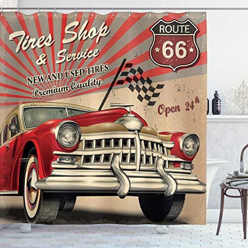 ABAKUHAUS Autos Duschvorhang, Repait Shop-und-Service, Stoffliches Gewebe Badezimmerdekorationsset mit Haken, 175 x 200 cm, Rot Grau Sepia