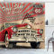 ABAKUHAUS Autos Duschvorhang, Repait Shop-und-Service, Stoffliches Gewebe Badezimmerdekorationsset mit Haken, 175 x 200 cm, Rot Grau Sepia
