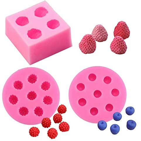 3 unidades/set 3D Mini fresa, frambuesa y arándano de silicona Fondant Moldes de jabón Vela de morera, cera de morera, moldes de bayas de chocolate y caramelo para decoración de pasteles