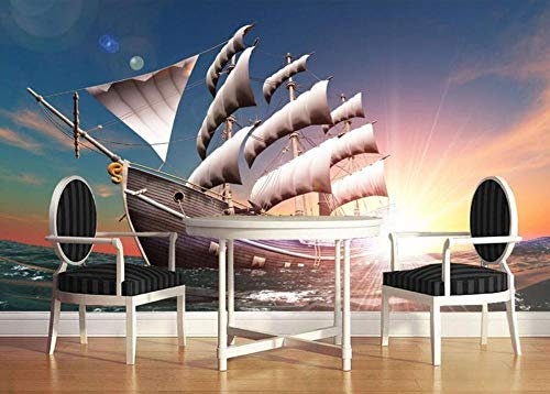 Murals 3D Wallpaper Photo Non-Woven Ocean Sailing Boat Set Sail 3D Wall Murals Wallpaper for Walls 3 D Room Decoration Painting250*175Cm