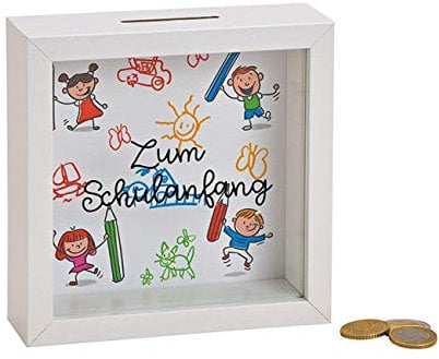MC Trend Spardose Zur Einschulung Schulanfang Erster Schultag Sparbüchse Schulanfang Schule Schulkind Geschenk-Idee (Weiss)