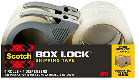 Scotch Box Lock Packaging Tape, 4 Rolls with 4 Refillable Dispensers, 1.88 in x 54.6 yd, Extreme Grip, Sticks Instantly to Any Box