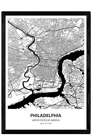 Nacnic Poster mit Karte von Philadelphia - USA. Blätter US-Städte mit Meeren und Flüssen in schwarz und weiß. A3