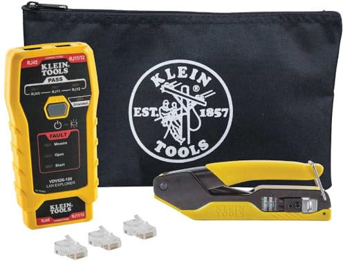 Klein Tools VDV026-813 - Kit de comprobador y crimpadora de cables Ethernet RJ45, tecnología de paso, incluye conectores para aplicaciones de datos Cat5e/CAT6, paquete de 50