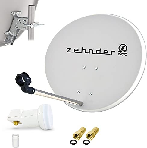 Zehnder 60cm Spiegel Schüssel Stahl + LogiSat Single LNB | 1 Teilnehmer HD Digital SAT Anlage Set hellgrau | DVB-S/S2 Full HDTV 3D 4K Ultra HD UHD Empfang