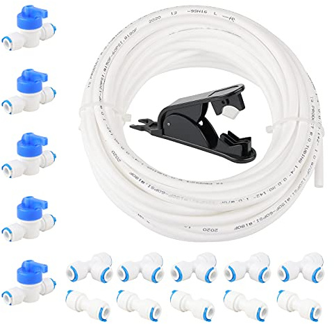 Rowiz 17Pcs 1/4 Water Purifier Tube Fitting Set for RO Water Filter System | Push in to Connect Water Tube Fitting (Ball Valve+I+T Type) + PE Pipe Cutter + 10 Meters Tubing Pipe (White)