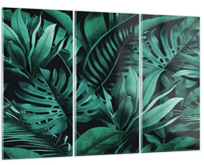 Mehrteilige Bilder auf Glas 165x110cm Glasbild Blätter Grafiken Monstera Groß XXL Wanddeko Schlafzimmer Küche Set 3 teilige Wandbilder Dekoration Wohnzimmer Modern Wand Kunstdruck Art GCE165x110-4886