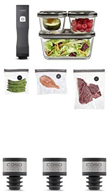 CASO Vacu OneTouch Eco-Set, Handvakuumierer & WineLock - Vakuum Aromaverschluss, 3 Stk., Weinverschluss für Vakuumierer, spümaschinengeeignet, für Flaschenhälse mit 16-19 mm Innen-Durchmesser