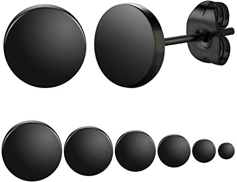 Bandmax 6 Paar Rund Ohrstecker Set aus Edelstahl Ohrringe Set mit runder 2/4/6/8/10/12mm Platte Ohrringe Punk Stil Ohrringe Schwarz Ohrschmuck Modeschmuck für Damen Herren Mädchen Jungen