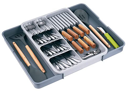 SOMIER Kitchen Utensil Drawer Organizer, Removable 2-Tier Knife Holder, Expandable Cutlery Tray for Silverware, Flatware and Utensils, Large Kitchen Drawer Dividers for Spoons, Forks, Knives, Gray