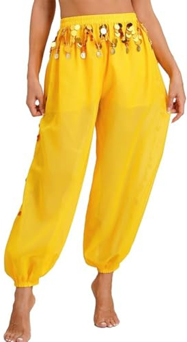 Leemiman Damen-Bauchtanz-Kostüm, Haremshose, indischer Tanz, Bollywood, hängende Münzen, Pailletten, Laternenhose, Chiffon