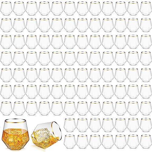 Bokon Juego de 100 copas de vino de plástico con borde dorado y diamantes transparentes, sin tallo, irrompibles, desechables, inastillables, copas de vino de 12 onzas para el hogar, interiores y