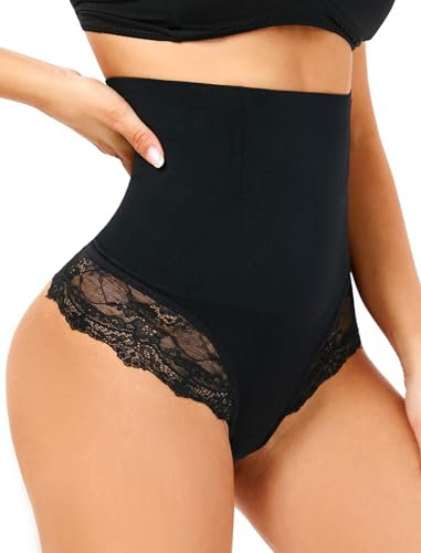 SURE YOU LIKE Shapewear Thong Women Body Shaper High Waisted Tummy Control Knickers Slimming Underwear For Women Lace Panties, Black, M