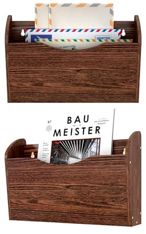 Senhoglb Organiseur mural à suspendre à 2 poches en bois pour courrier mural, magazine, dossier, garder le bureau, l'étude et le salon bien rangés, organiseurs de papier en bois, marron