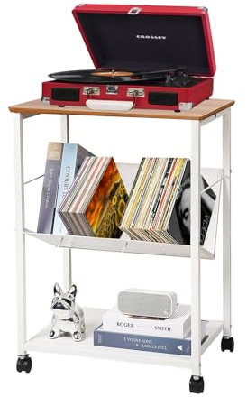 Supporto per giradischi con contenitore in vinile, tavolino mobile a 3 ripiani, tavolo per giradischi, può contenere fino a 160 album, supporto per giradischi con ruote, grande comodino, per
