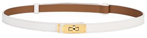 HATOFES Damen Skinny Leder Gürtel Klassische Legierung Turn Lock Damen Verstellbarer Ledergürtel Schlanker dünner Taillengürtel Bund Dekorativer Gürtel für Jeans (Weiß/Gold)