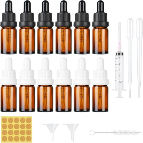 DONQL 12-teiliges Apothekerflaschen Set, 10ml Pipettenflasche, Glasflasche mit Pipette und Spritze, Brownglas Set mit Trichter, Bürste
