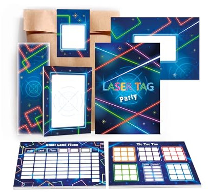 6 Einladungskarten Kindergeburtstag Laser Tag Einladung Mädchen Jungs Jungen Boys Gastgeschenk inkl. 6 Umschläge, 6 Tüten, 6 Aufkleber, 6 Lesezeichen, 6 Blöcke, 6 Stadt-Land-Fluss, 6 Tic Tac Toe