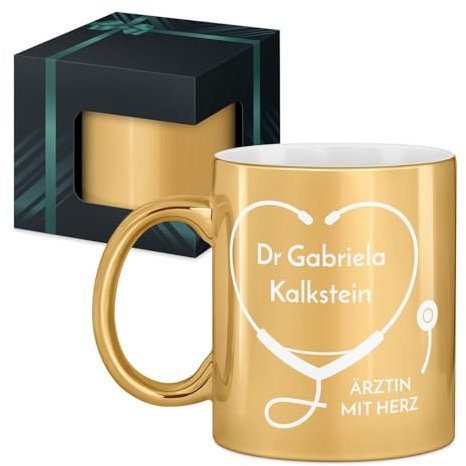 Maverton Keramikbecher 330ml mit Gravur - Kaffeetasse mit funktionellem Henkel - personalisierter Kaffeebecher für Frauen zum Geburtstag zu Weihnachten - gold glänzend/innen weiß - Ärztin